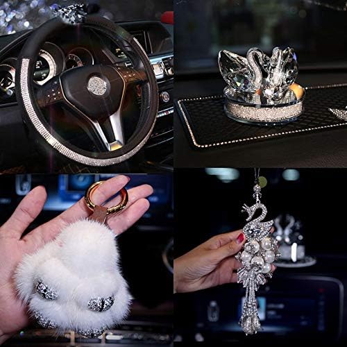 SWCAAE Steering Wheel CoversFashion Rhinestones Car Interior Accessories for Women Crystal Leather Steering Wheel Covers Air Vent Holder Keychain Tissue Box,Car Tissue Box