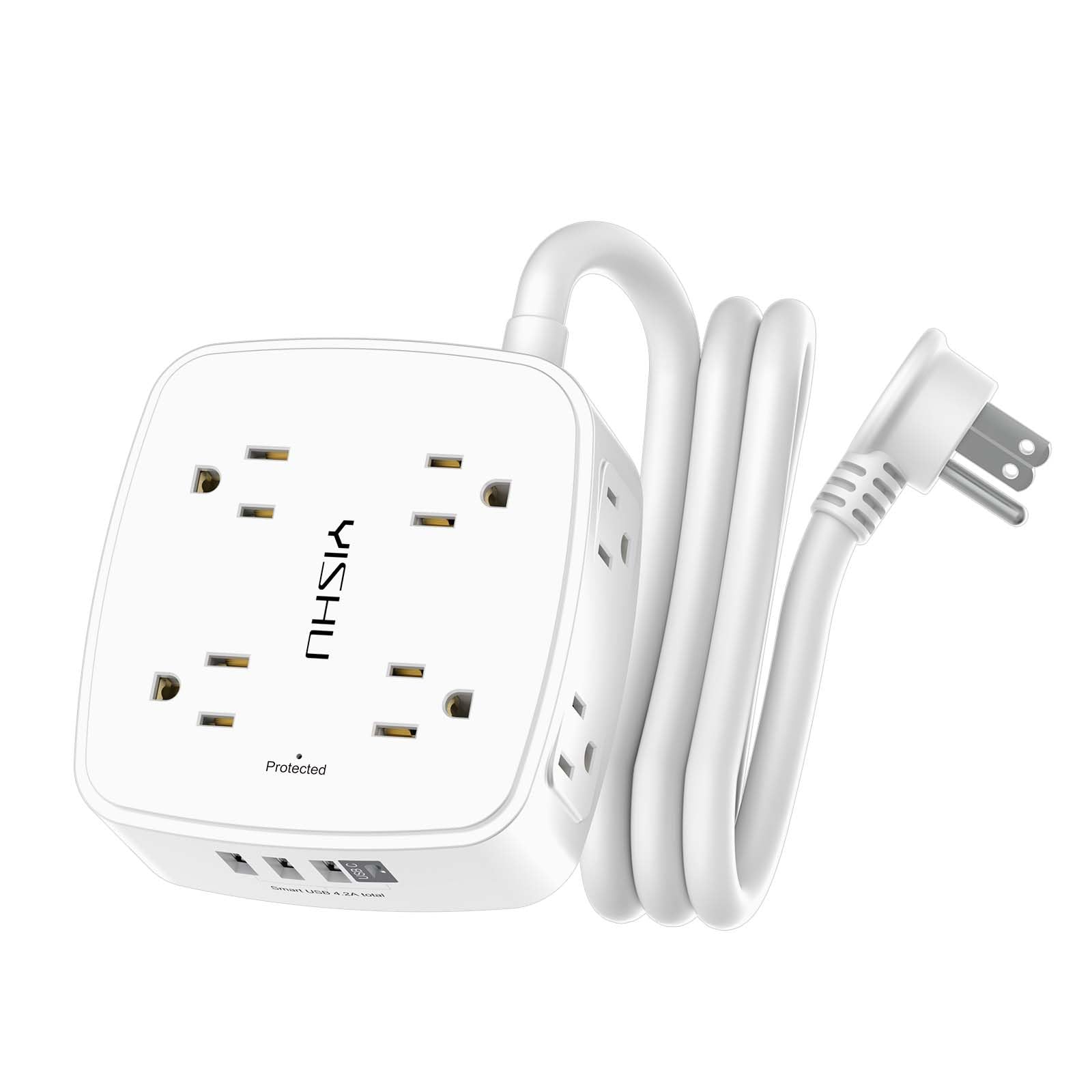 5Ft Surge Protector Power Strip - 8 Widely Outlets with 4 USB Ports, 3 Side Outlet Extender with 5 Feet Extension Cord, Flat Plug, Wall Mount, Desk USB Charging Station, ETL,White