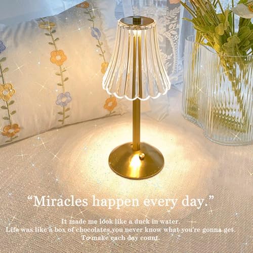 Crystal Table Lamp, Dimmable 3-Color LED Touch Cordless Lamp, Rechargeable Small Nightstand and Bedside Lamp for Bedroom, Bar and Restaurant, 28.5 x 12 CM