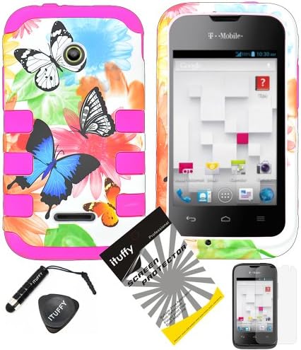 4 items Combo: ITUFFY (TM) LCD Screen Protector Film + Mini Stylus Pen + Case Opener + Blue Buttery Red Pink Green Yellow Sun Flower Design Rubberized Hard Plastic + Soft Rubber TPU Skin Dual Layer Tough Hybrid Case for Straight Talk Huawei Inspira H867G / T-Mobile Prism 2 II U8686 / Net10 Huawei Glory H868c