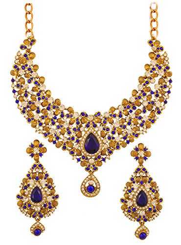 Touchstone Indian Bollywood traditional floral theme white Rhinestone and blue faux sapphire bridal designer jewelry necklace set for women in antique gold tone