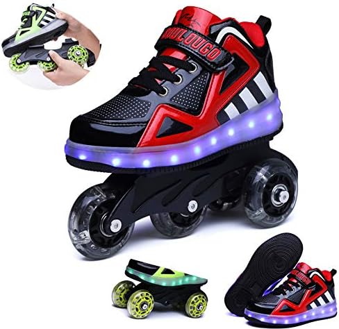 ホイール付きシューズ キッズアジャスタブルキックローラーシューズ 送料0円 ローラースケートリムーバブルホイール シングルおよびダブルローは交換可能 Red 33