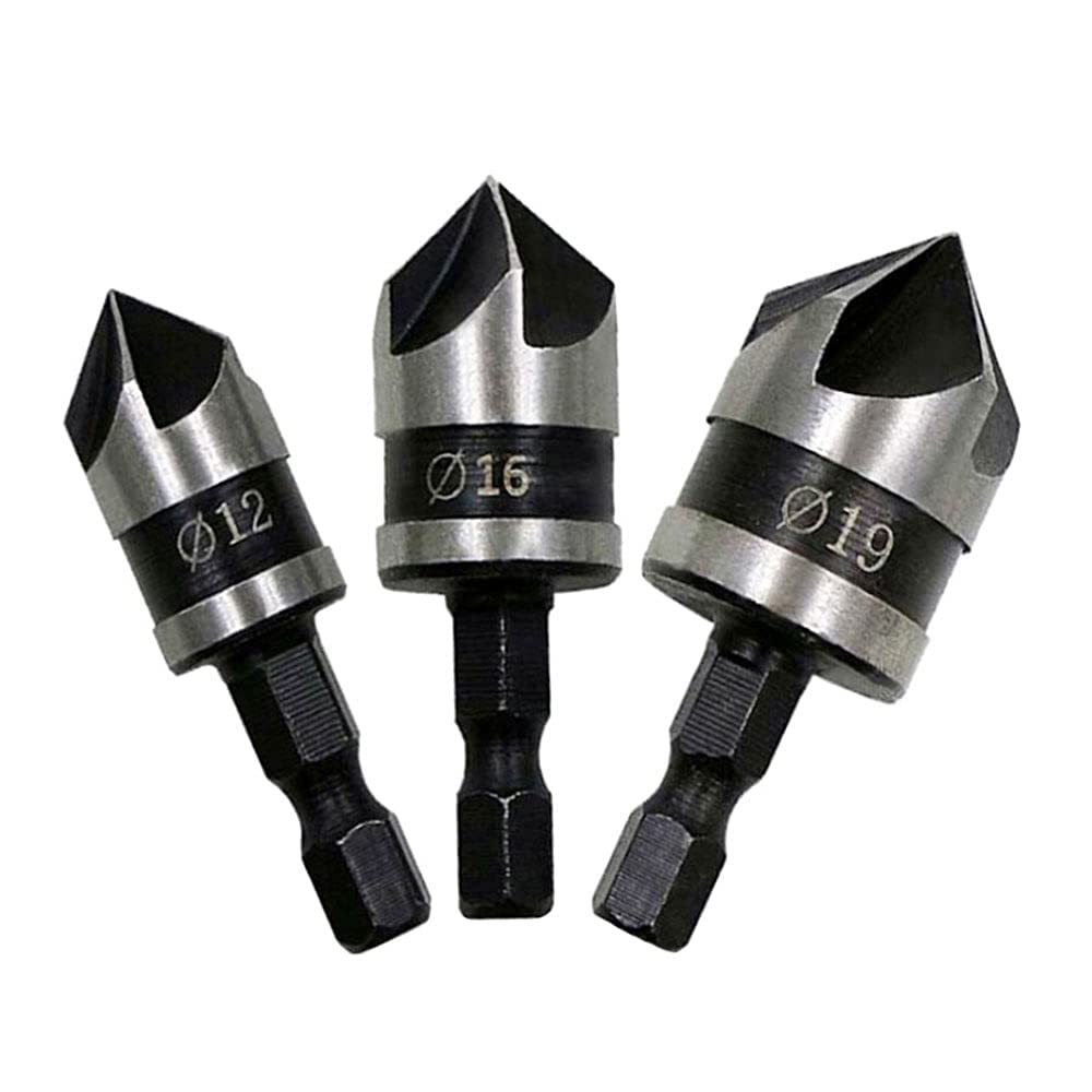 Fixinus 3 Pieces 1/4 Inch Hex Shank 5 Flute 90 Degree Chamfering Countersink Drill Bit Set Woodworking Countersink Bits, ø12mm / 16mm / 19mm