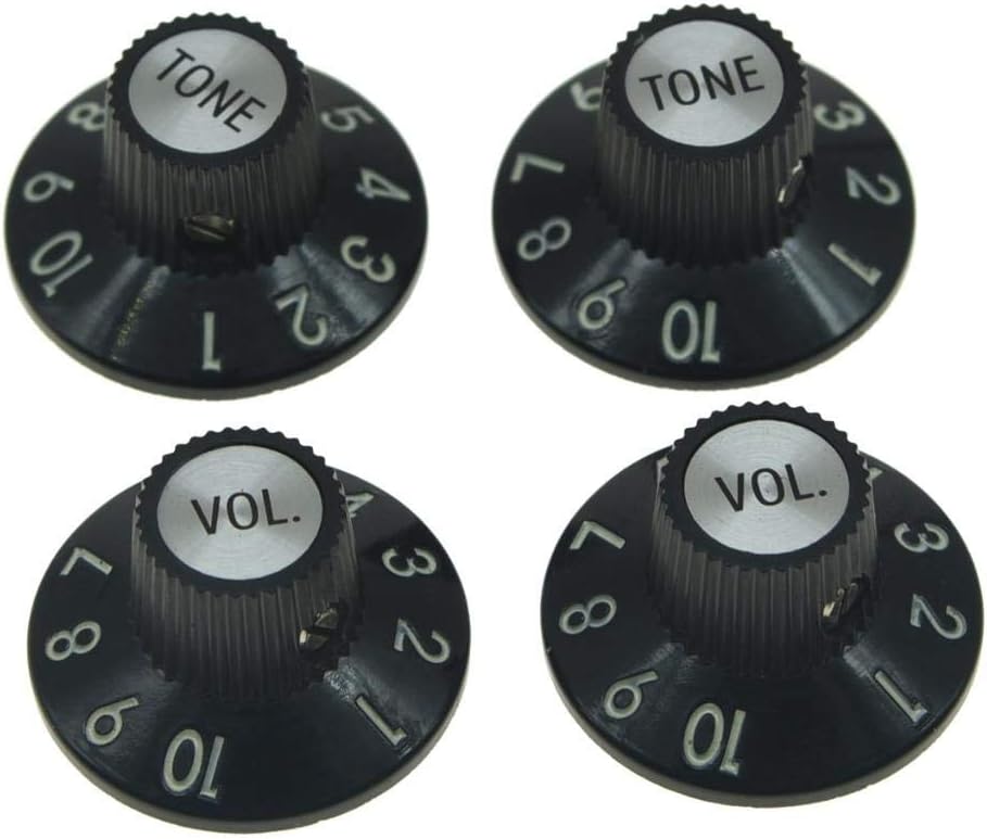 KAISH Set of 4 Witch Hat Knobs with Set Screw 1/4" Guitar Bass Knobs 2 Volume 2 Tone for 72 Telecaster Custom/Jazzmaster/Guitar Amplifiers Black with Silver Cap