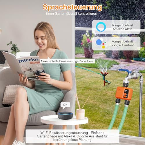 XinFuture Irrigation Computer WLAN 2 Outputs with 300 Metres RF, Strong Wall Penetration, Smart Irrigation Clock with App & Alexa Language, Automatic Watering System Rain Delay for Garden