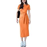 ZERMOM Women Short Sleeve Bodycon Midi Dresses Summer Crewneck Wrap Tie Waist T Shirt Slim Fit Long Dress