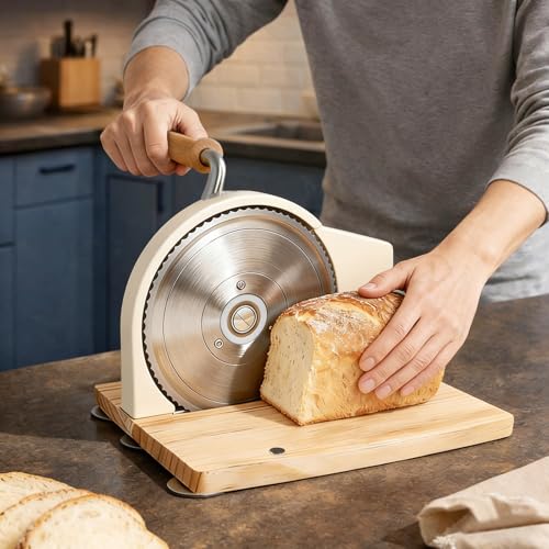 Manual Bread Slicer for Homemade Sourdough, Adjustable Thickness and Foldable Base, Stainless Steel Serrated Blade, with Engraved Scale Line Bread Guide Hand Crank Bread Cutter