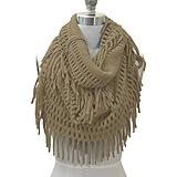 HUE21 Women's Fringe Knitted Crochet Cutout Infinity Scarf Sand Color