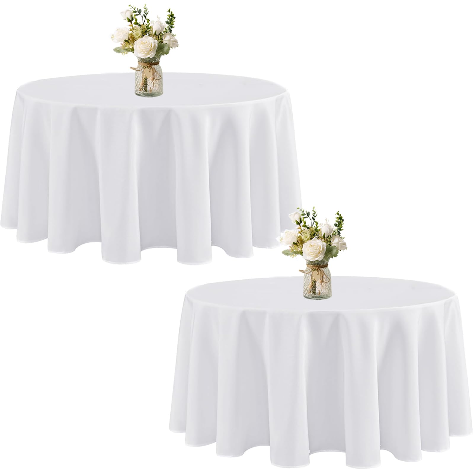 Photo 1 of 120 Inch Round Tablecloth 2 Pack,White Table Cloths Polyester Fabric Washable Table Cloth Cover for Wedding Reception Banquet Birthday Party Buffet Restaurant