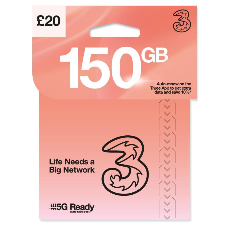 THREE 4G/5G SIM Card UK & ROAM FREE in over 70 destinations - PREPAID PAYG £20 Bundle - 150GB + (50GB FREE DATA) Unltd Texts & Mins - ROAMING ALLOWANCE 18GB
