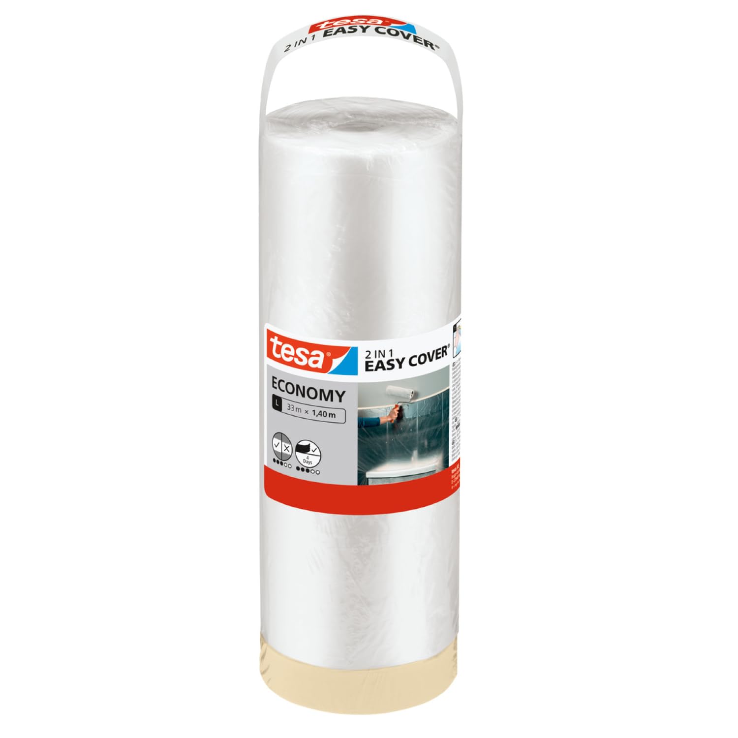 tesa Easy Cover ECONOMY Cover Sheet for Painting - 2 in 1 Protection Foil and Masking Tape for Masking - 33 m x 140 cm