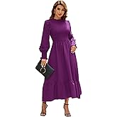Ferrendo Women's 2026 Spring Fall Midi Dress Casual Long Sleeve Crew Neck Smocked Tiered Long Flowy Dresses with Pockets
