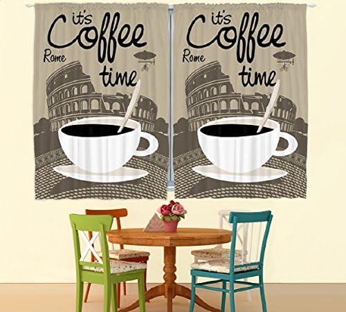 Italian Café Curtains Double Flat Panels Vintage Retro Style Espresso Coffee Theme Kitchen Window Cover Drapes