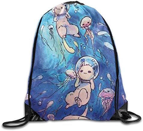 Catstronaut Cat Printed Kawaii Drawstring Backpack Girls Large Capacity Sack Tote Sport 16.9"14"