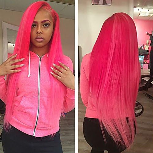Rongduoyi Natural Looking Long Silky Straight Lace Front Wig Synthetic Wigs For Women Heat Resistant Fiber Hair Hot Pink 24Inch