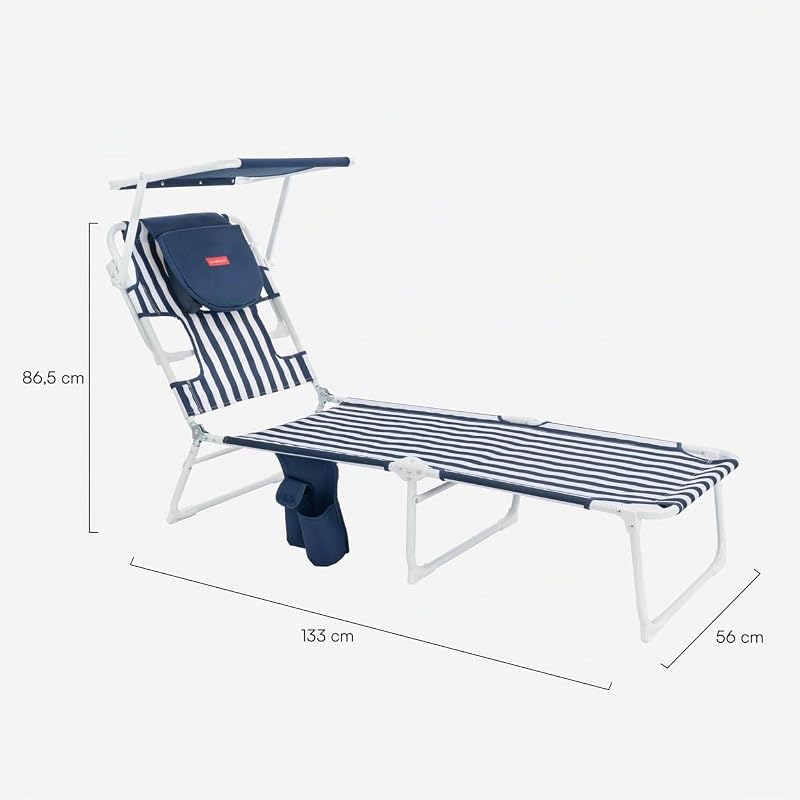 Chaise de Plage - Transat Pliable - 5 Positions - Parasol Réglable UPF 50+ - Trou pour la Tête et Bras - Oreiller Ergonomique - Aluminium et Polyester - Bleu