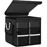YTFRL Trunk Organizer with Lid, 28L Collapsible 2-Compartment Car Storage Box with Reinforced Handles, Multipurpose Waterproof Oxford Storage Organizer for SUVs Sedans Trucks (Black)