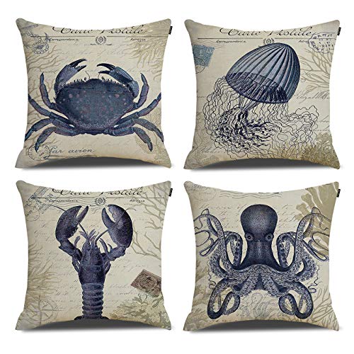 RUOAR Ocean Theme Cotton Linen Theme Decorative Pillow Cover Case 18" X 18" Square Shape-Ocean-Beach-sea-Print-Crab-Octopus-Voyage, 4 Pack
