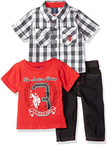 U.S. Polo Assn. Baby Boys Short Sleeve Shirt, T-Shirt and Pant Set, Grey Plaid Red El Multi Plaid, 12M