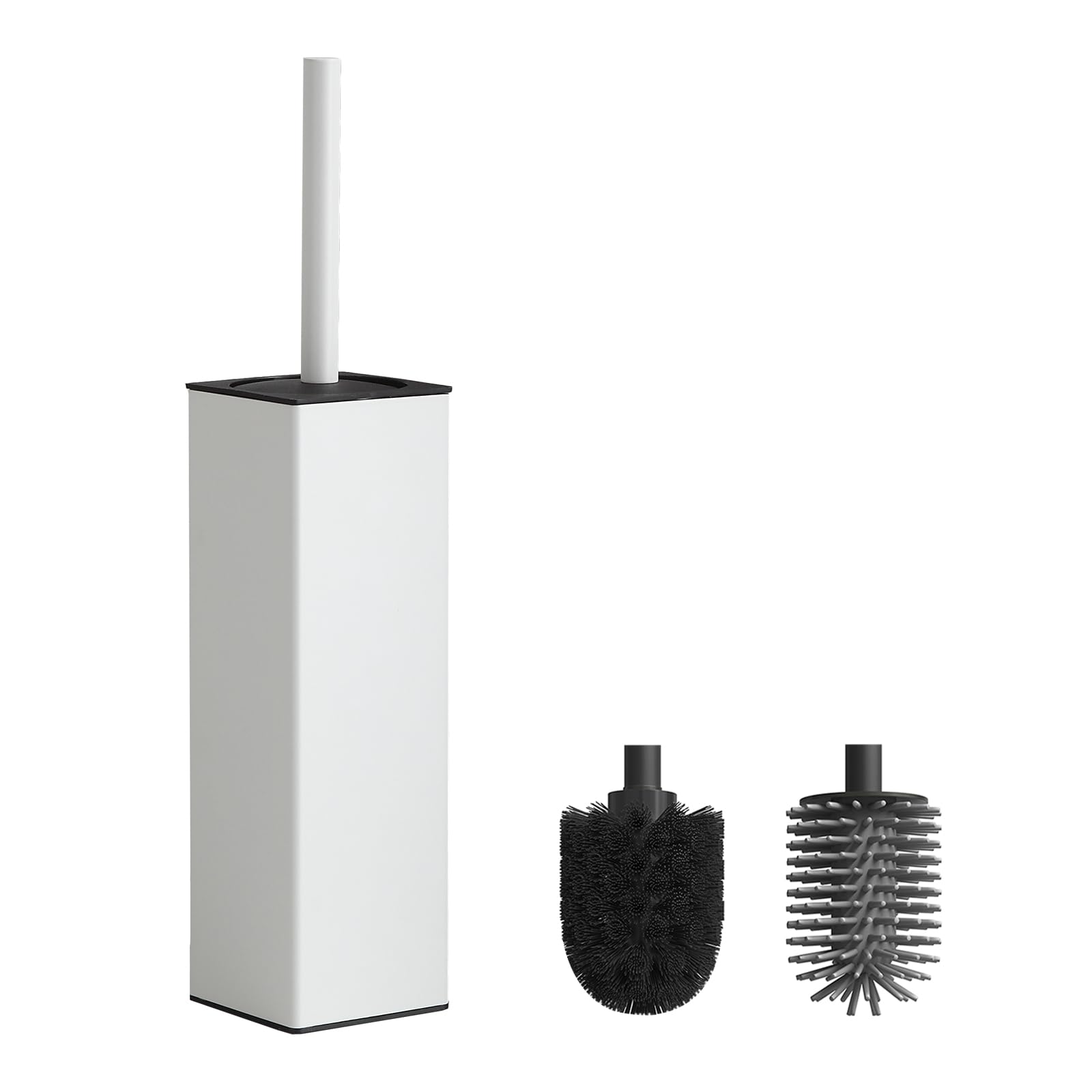 BVL White Toilet Brush, Square Silicon Toilet Brush and Holder, Free Standing Toilet Brush Including 2 Quick Drying Brush Heads