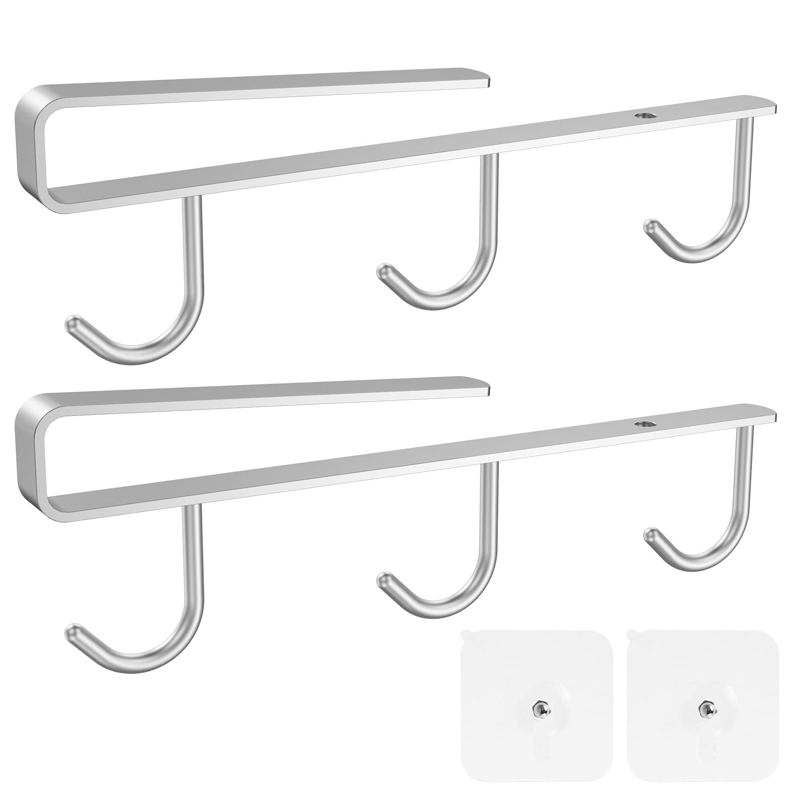 2PCS Mug Holder Under Shelf with 3 Hooks Under-Cabinet Hanger Rack Stainless Steel Cupboard Shelf Organiser Multi-Function Coffee Mug Organizer Tea Cup Display Hooks for Kitchen(Silver)