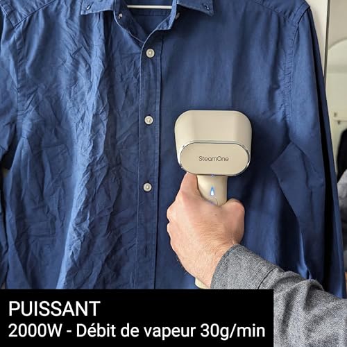 STEAMONE - Steamer Steamer 2000W, 30g/min - Portable iron - Capacity 400ml - Removes 99.99% impurity - Ready in 30s - Cable 3m - Compact size - KARL XL - CREAM400 | Steamer Portatif Karl XL, 2000W, Réservoir 400ml, 2 Modes, Prêt en 30s, Crochet Ventouse Inclus, CREAM400