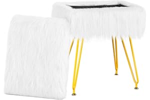 MOOWIND Multifunctional Vanity Stool Chair for Vanity, Padded Seat, Storage Ottoman in Rectangle Fuzzy Fluffy Design, Soft Footrest with 4 Gold Legs for Makeup Room, Bedroom, Living Room, White