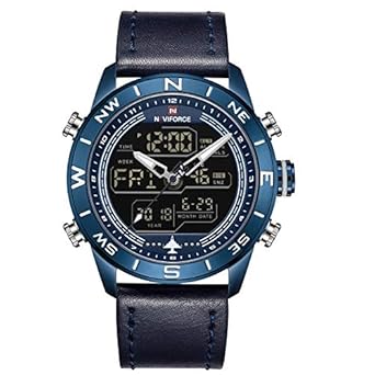 Genuine Leather Blue Chronograph Analog Digital Wristwatch for Men + Kids Sport Watch