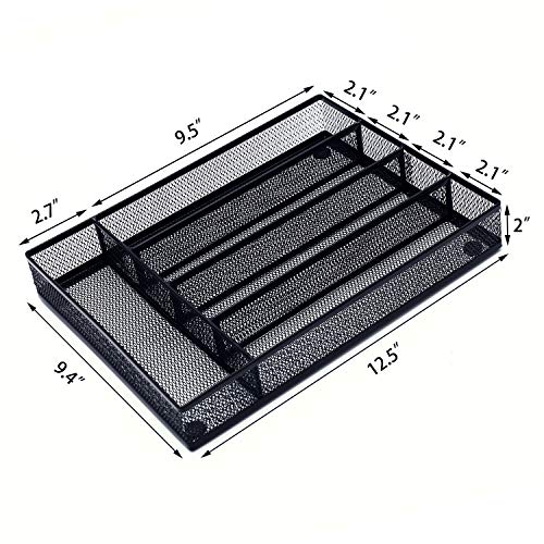 Ovicar Flatware Drawer Organizer, Metal Mesh Kitchen Cutlery Trays, Kitchen Utensil Silverware Storage with Foam Feet (5 Compartment, Black)