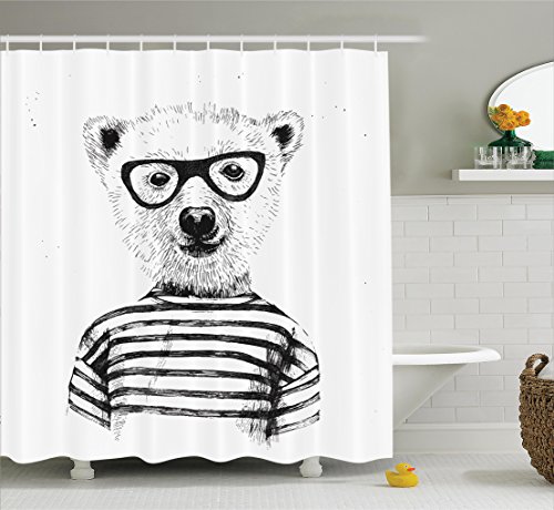 Ambesonne Funny Shower Curtain Apartment Decor, Dressed Up Hipster Nerd Smart Male Bear in Glasses Fun Character Animal Artful Print, Fabric Bathroom Shower Curtain Set with Hooks, Black White