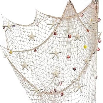 Fangoo 79 x 59 inch Nature Fish Net Wall Decoration with Sea Shells and 10 pcs Natural Starfish Mediterranean Style Decor Wall Decoration