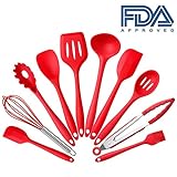 Set Of 10 Pieces Silicone Kitchen Cooking Utensils With Hygienic Solid Coating,Heat Resistant Baking Spoonula,Brush,Whisk,Spatula,Ladle,Slotted Turner And Spoon,Tongs Red