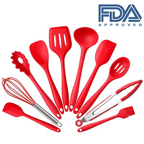 Set Of 10 Pieces Silicone Kitchen Cooking Utensils With Hygienic Solid Coating,Heat Resistant Baking Spoonula,Brush,Whisk,Spatula,Ladle,Slotted Turner And Spoon,Tongs Red