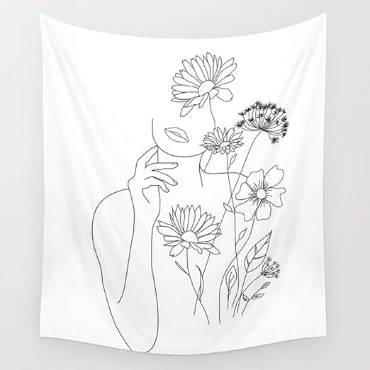 Amazon Com Na Minimal Line Art Woman With Flowers Iii Wall Hanging Tapestry Art Home Decor Living Room Bedroom Bathroom Kitchen Dorm 80x60 Inch Home Kitchen