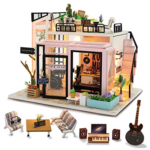GuDoQi DIY Miniature Dollhouse Kit, Tiny House Kit with Music Movement and Furniture, DIY Miniature Kits to Build, Gift for Birthday Mother's Day, Music Studio
