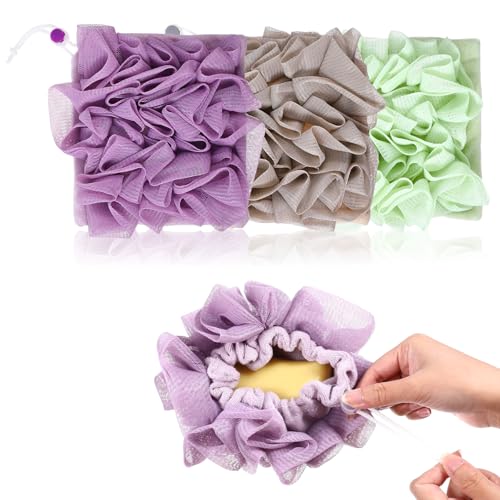 WJIAAA Loofah Washcloth Combo, 3 Pack 2-in-1 Exfoliating Shower Pouf Soap Pocket Drawstring Exfoliation Mesh Ball Hold Bar Soap Loofah Washcloth Body Wash Cleansing Smooth Skin(Green+Purple+Khaki)