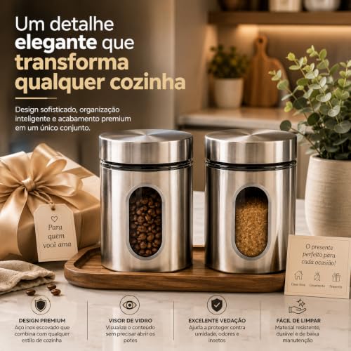 Kit Com 2 Potes Vidro Vítreo Revestido Em Inox 630ML Tampa Com Vedação e Visor - Ideal para Armazenar Café, Açucar, Sal, Grãos e Mantimentos - Super Resistente - Cantinho Do Café