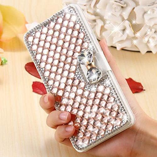 Amocase Wallet Leather Case with 2 in 1 Stylus for iPhone 7 Plus,Luxury 3D Handmade Square Diamond Crystal Rhinestone Bowknot Stand Purse Shockproof Leather Case for iPhone 7 Plus/8 Plus - Rose Gold