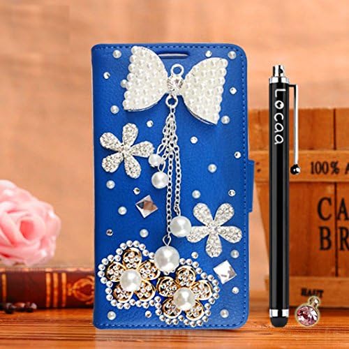 Locaa(TM) For LG G4 LGG4 3D Bling Case + Stylus + Phone plug Luxury Crystal Pearl Diamond Rhinestone Beautiful Leather Wallet Cover [General Series] Blue case - Bowknot pendant 2