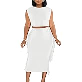 LYANER Women's 2 Piece Outfits Crewneck Fringe Sleeveless Crop Top and Tassel Trim Bodycon Midi Skirt Set White X-Large