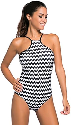 Burkshires Sexy Women High Neck One Piece Maillot Swimsuit Halter Bath Suit Swimwear Monochrome Waved L