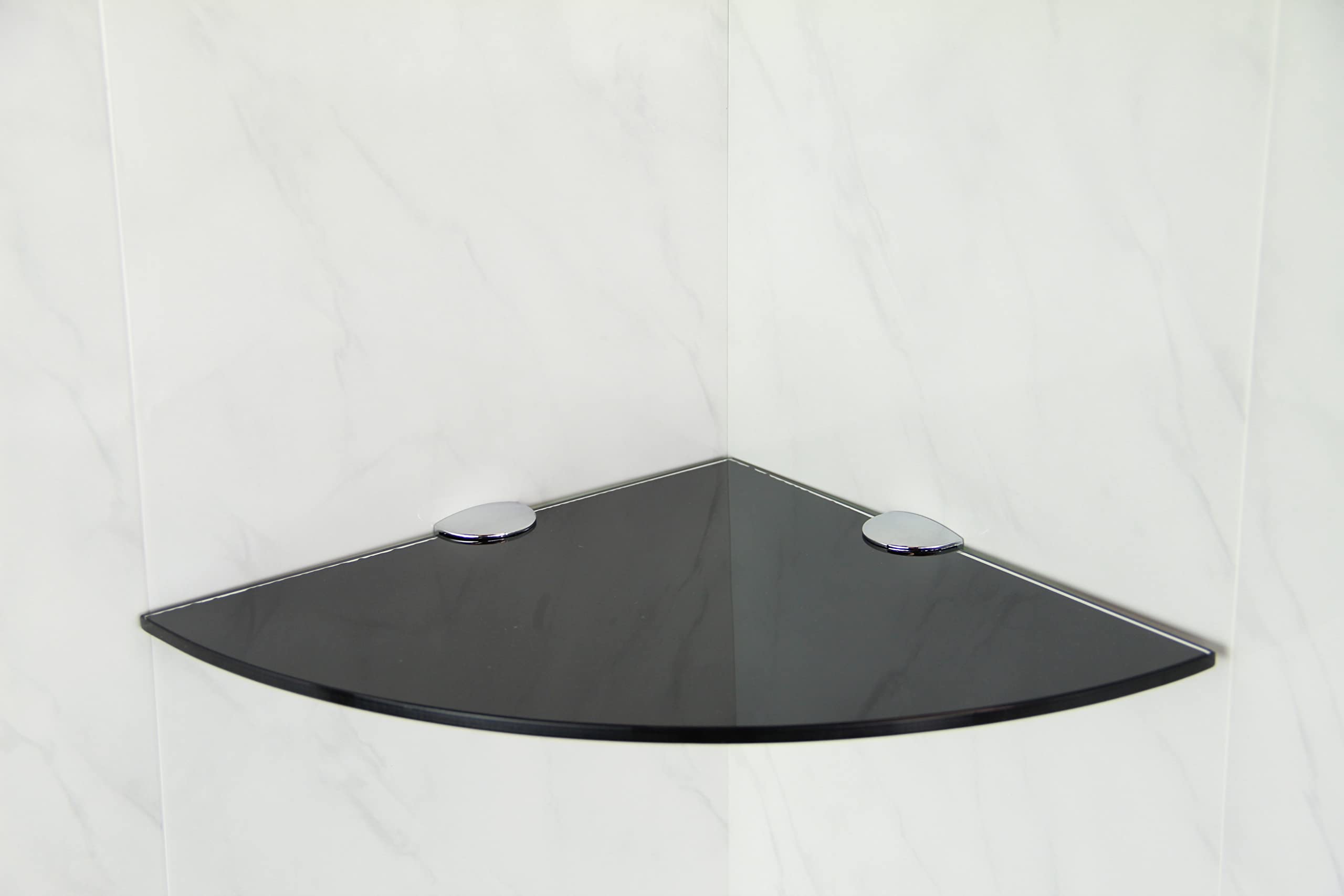 BSM Marketing 200mm (7.8") 6mm Thick Toughened Glass Corner Shelf Bathroom Bedroom Kitchen with Large Chrome Supports (Black)