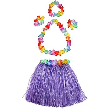 Fortuning's JDS Girl's Elastic Hawaiian Hula Dancer Grass Skirt with Flower Costume Set -Purple