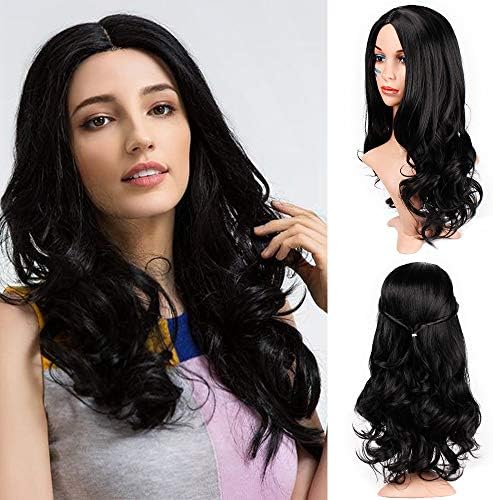 ForQueens Black Wavy Wigs for Women Long Curly Wig Synthetic Party Wigs Middle Part Full Wigs Natural Looking