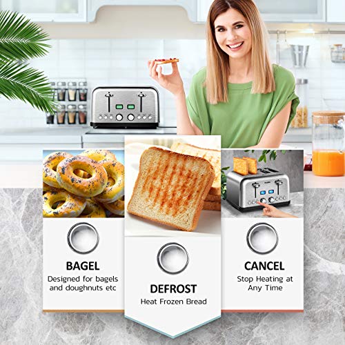 4 Slice Toaster, HOLIFE Stainless Steel Toaster [2 LCD Timer Display] Bagel Toaster (6 Bread Shade Settings, Bagel/Defrost/Reheat/Cancel Function, Wide Slots, Removable Crumb Tray, 1500W, Silver) - Thumbnail 4