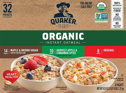 QUAKER INSTANT OATMEAL, USDA ORGANIC, NON-GMO PROJECT VERIFIED, 3 FLAVOR VARIETY PACK, INDIVIDUAL PACKETS, 32 COUNT (PACK OF 1)