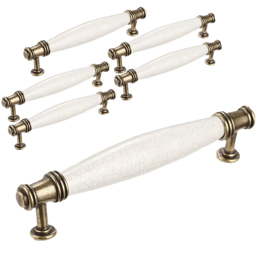 Banggo 6 Pieces Curved Door Handles Vintage T Bar Arch Shape Kitchen Door Cabinet Drawer Bedroom Furniture Ceramic and Zinc Alloy (CC:128mm, Total Length:150mm)