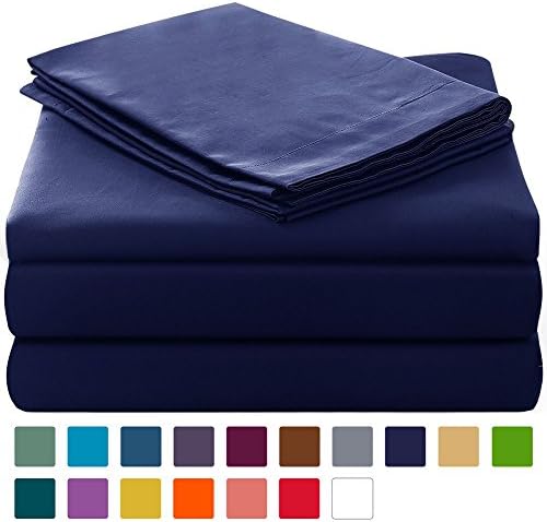 100% Cotton Bed Sheet Set 4 Pieces Navy Blue Queen 1Fitted Sheet 1Flat Sheet 2Pillowcases(Shams)Silky Soft Microfiber Deep Pocket Breathable Hypoallergenic Durable Fade Resistant by SUBAO Bedding