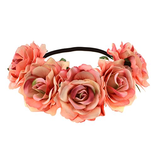June Bloomy Rose Floral Crown Garland Flower Headband Headpiece For Wedding Festival (Peach)