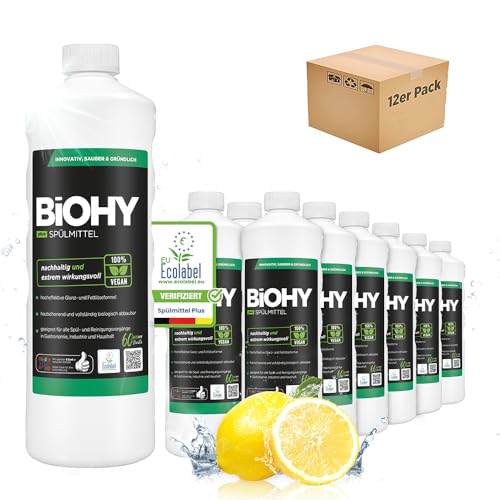 BiOHY Spülmittel Plus (12 x 1 Liter) | Bio Flüssig-Konzentrat für Geschirr mit EU Ecolabel | Extra Kraftvoller Fettlöser| Ideal für Spülmittelspender 